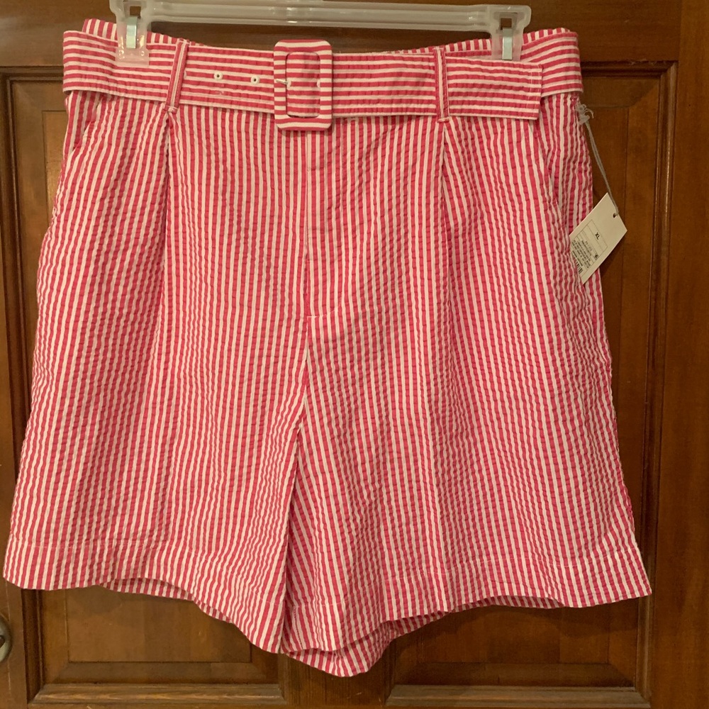 Hot pink and white seersucker shorts. NTW